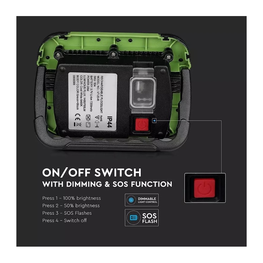 Genopladelig LED projektør SAMSUNG CHIP + SOS-funktion LED/10W/3,7V/USB IP44 4000K grøn