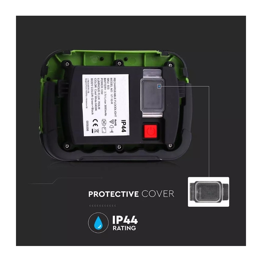 Genopladelig LED projektør SAMSUNG CHIP LED/10W/3,7V IP44 6400K 3600 mAh grøn