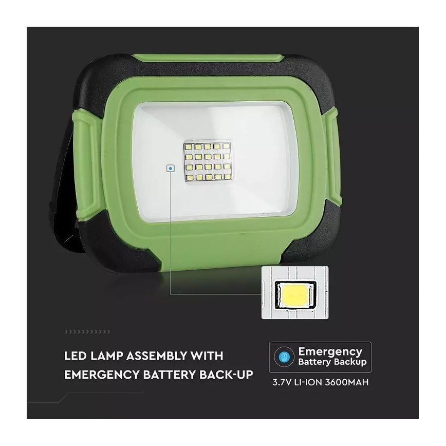 Genopladelig LED projektør SAMSUNG CHIP LED/10W/3,7V IP44 6400K grøn