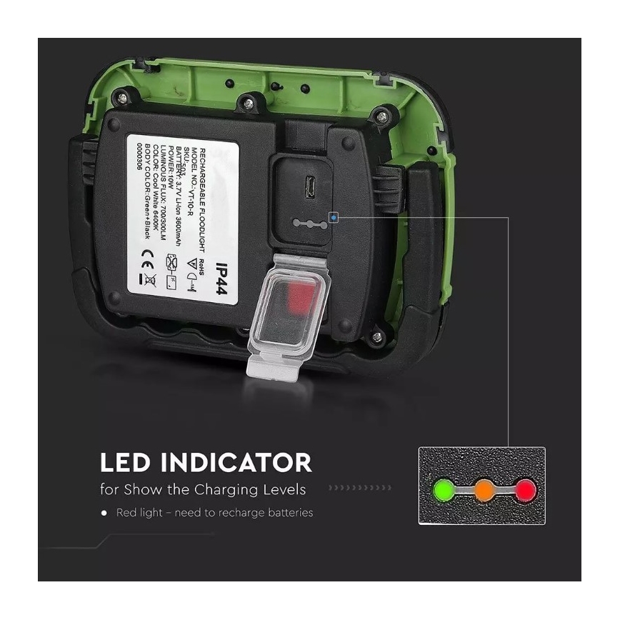 Genopladelig LED projektør SAMSUNG CHIP LED/10W/3,7V IP44 6400K grøn