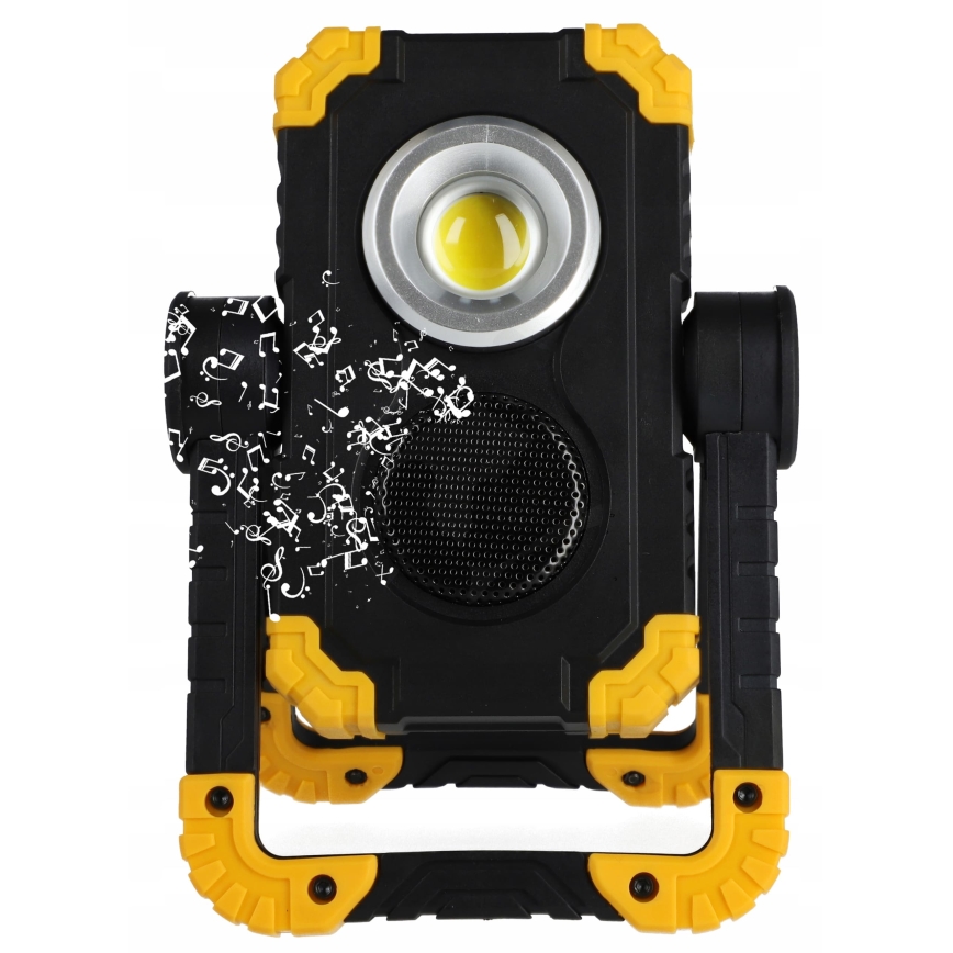 Genopladelig LED-reflektor med højttaler og powerbankfunktion LED/10W/5V 4400 mAh IP44 sort/gul