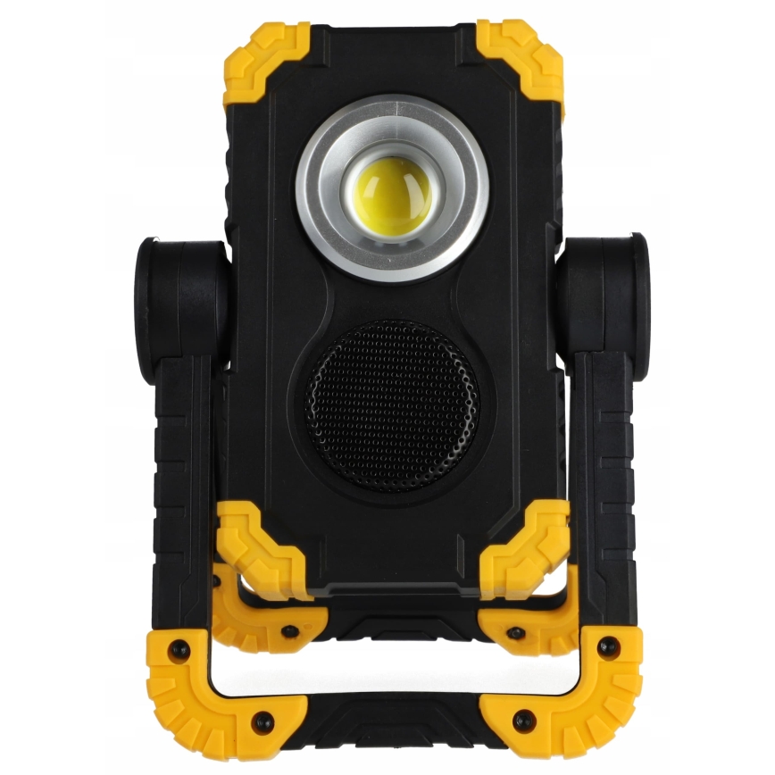 Genopladelig LED-reflektor med højttaler og powerbankfunktion LED/10W/5V 4400 mAh IP44 sort/gul