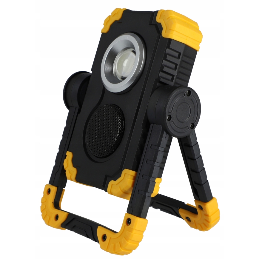 Genopladelig LED-reflektor med højttaler og powerbankfunktion LED/10W/5V 4400 mAh IP44 sort/gul