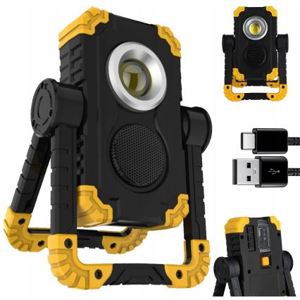 Genopladelig LED-reflektor med højttaler og powerbankfunktion LED/10W/5V 4400 mAh IP44 sort/gul