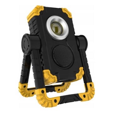 Genopladelig LED-reflektor med højttaler og powerbankfunktion LED/10W/5V 4400 mAh IP44 sort/gul