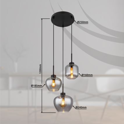 Globo - Pendel på kabel 3xE27/40W/230V sort