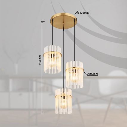 Globo - Pendel 3xE27/60W/230V diameter 47 cm guldfarvet