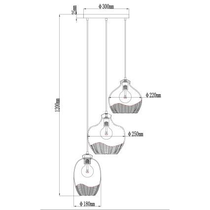 Globo - Loftpendel på stålwire, 3xE27/60W/230V, Ø 45 cm
