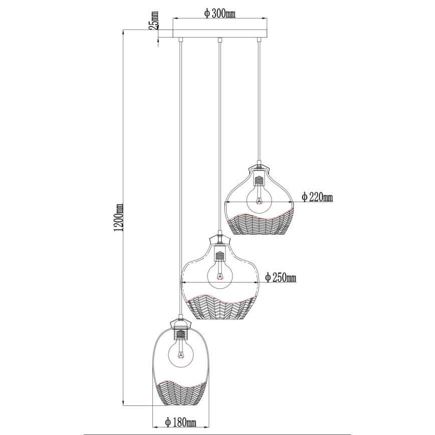 Globo - Loftpendel på stålwire, 3xE27/60W/230V, Ø 45 cm