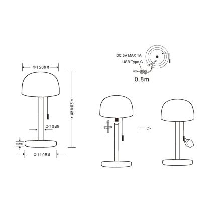 Globo - LED Genopladelig bordlampe LED/1,5W/3,7V 3000/4200/6000K 1800mAh sort