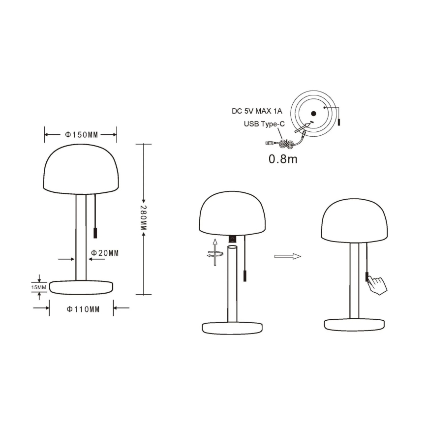 Globo - LED Genopladelig bordlampe LED/1,5W/3,7V 3000/4200/6000K 1800mAh sort