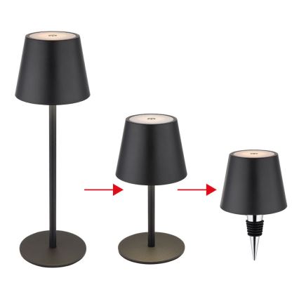 Globo - Dæmpbar LED-bordlampe til udendørs brug, berøringsbetjent og genopladelig, 3-i-1, LED/3W/5V, 3000/4000/5000K, IP54, 1800 mAh, sort