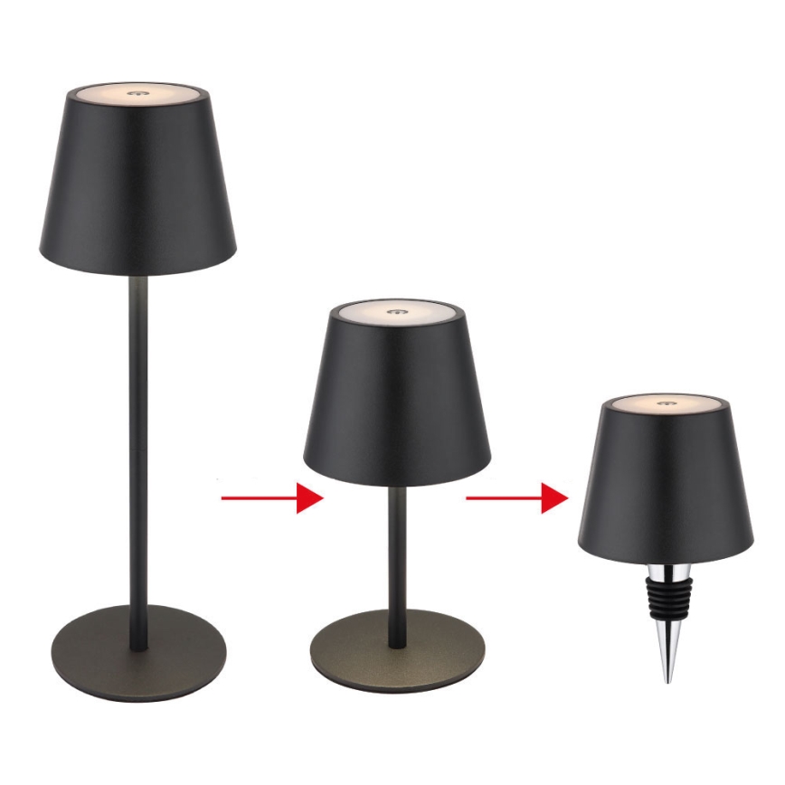 Globo - Dæmpbar LED-bordlampe til udendørs brug, berøringsbetjent og genopladelig, 3-i-1, LED/3W/5V, 3000/4000/5000K, IP54, 1800 mAh, sort