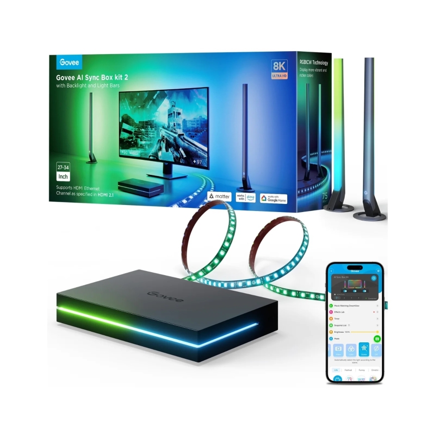 Govee - AI Sync Box Kit 2 Smart PC-belysningssæt til 27-34 + Wi-Fi LED-paneler