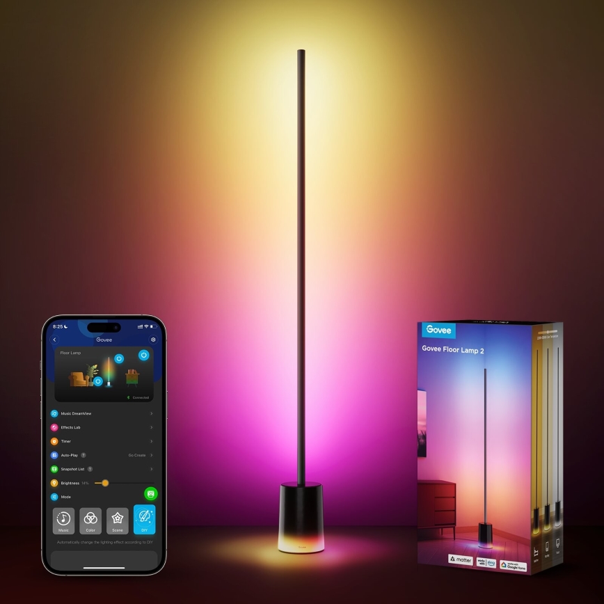 Govee - LED gulvlampe dæmpbar Smart MATTER LED RGBICWW 2200-6500K Wi-Fi + fjernbetjening