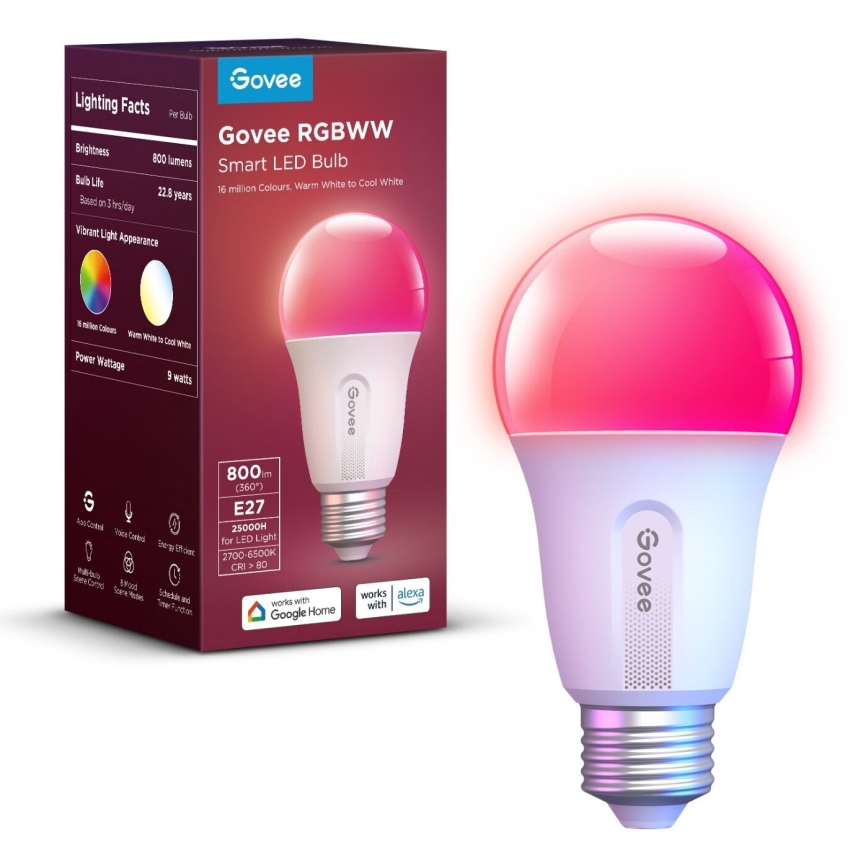 Govee - LED lyspære m. RGBWW-farver dæmpbar Smart E27/9W/230V 2700-6500K Wi-Fi