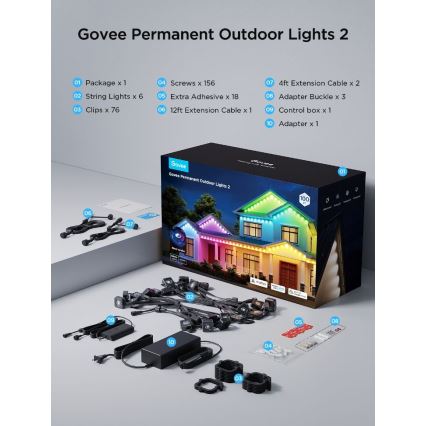 Govee - LED RGBIC downlight-kæde 30 m, Wi-Fi, Matter, IP67
