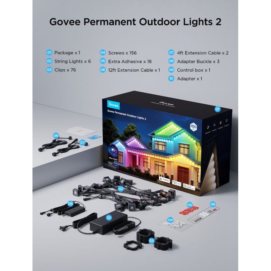 Govee - LED RGBIC downlight-kæde 30 m, Wi-Fi, Matter, IP67