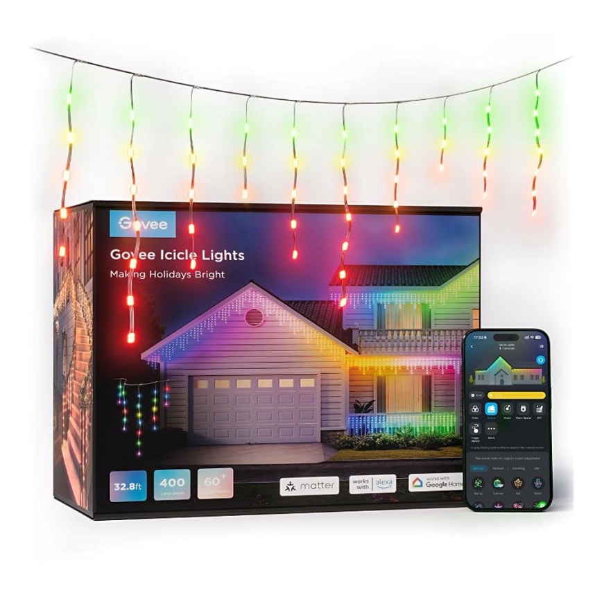 Govee - LED RGBIC Udendørs lyskæde Smart istapper 10m Wi-Fi Matter IP65