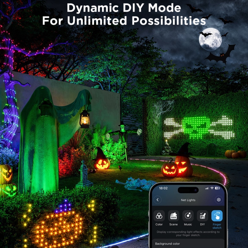 Govee - LED RGBIC Udendørs lysnet 143x85cm Wi-Fi Matter IP65