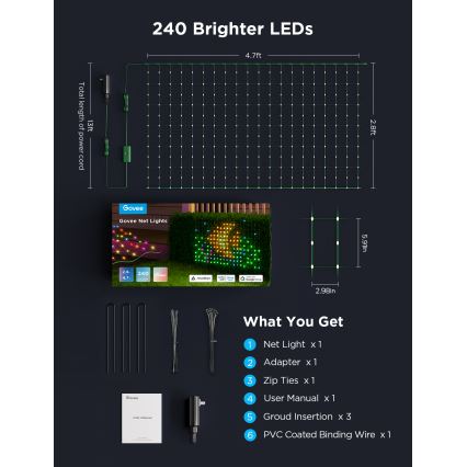 Govee - LED RGBIC Udendørs lysnet 143x85cm Wi-Fi Matter IP65