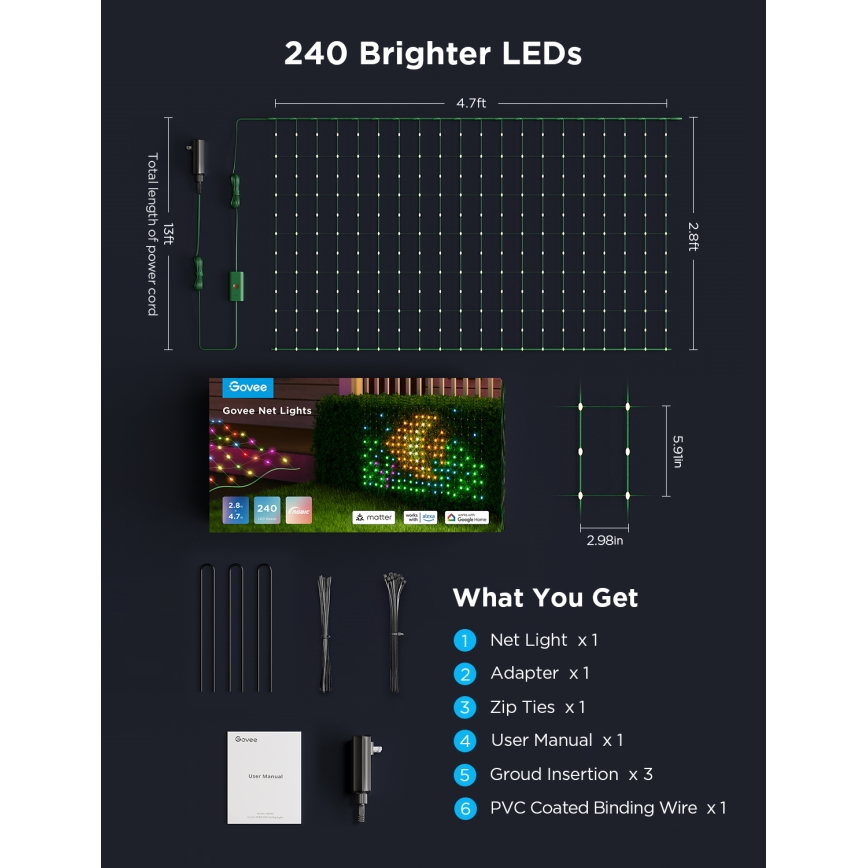 Govee - LED RGBIC Udendørs lysnet 143x85cm Wi-Fi Matter IP65