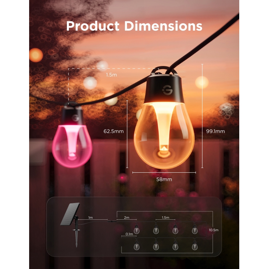 Govee - LED RGBICW solcelledrevet lyskæde 8xLED/6W/5V Wi-Fi Matter IP67
