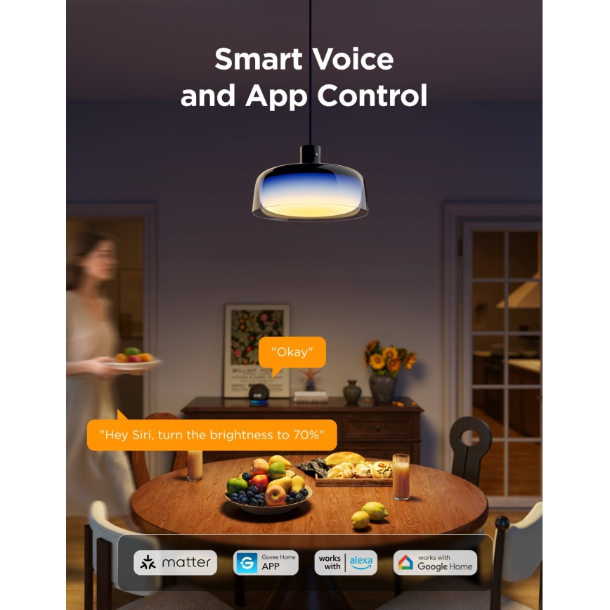 Govee - LED RGBICWW, dæmpbar pendel med wireophæng, LED/21W/230V, Matter, Wi-Fi