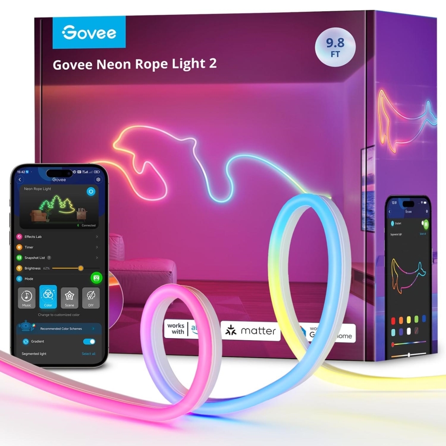 Govee - Neon 2 MATTER bøjelig LED lysbånd 3m RGBIC Wi-Fi IP67