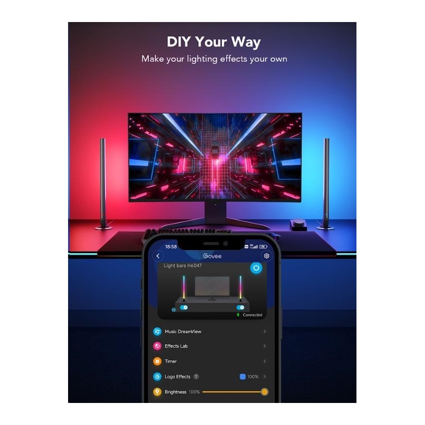 Govee - SÆT 2x Smart Gaming Wi-Fi LED RGBIC Paneler + Smart Dual sort + fjernbetjening