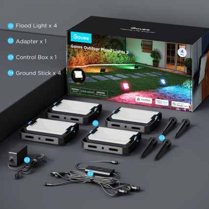 Govee - Sæt med 4 LED RGBICWW dæmpbare reflektorer, 24W/230V, IP66, mat, Wi-Fi