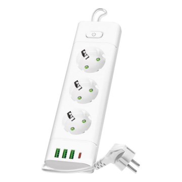 Grenkontakt med afbryder LINEA PRO 3x230V + 3xUSB-A + 1xUSB-C SCHUKO 3 m hvid