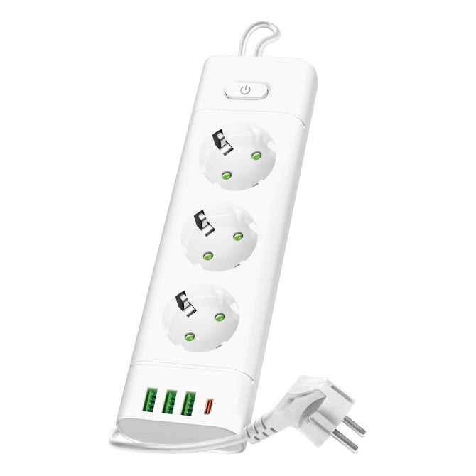Grenkontakt med afbryder LINEA PRO 3x230V + 3xUSB-A + 1xUSB-C SCHUKO 3 m hvid