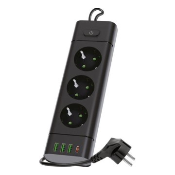 Grenkontakt med afbryder LINEA PRO 3x230V + 3xUSB-A + 1xUSB-C SCHUKO 3 m sort