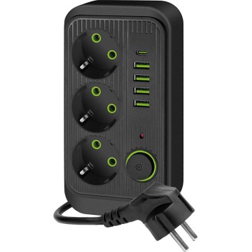 Grenudtag med afbryder LINEA 3x230V + 5xUSB A/C SCHUKO 5 m sort