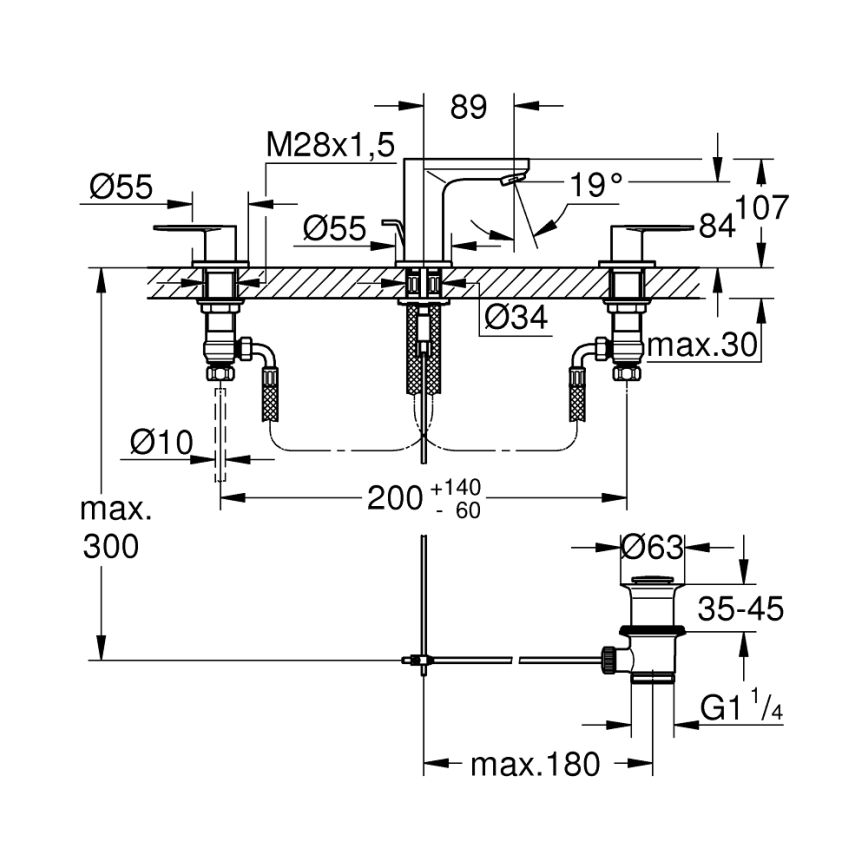 GROHE 20187000-3-huls håndvaskarmatur EUROSMART COSMOPOLITAN DN 15 krom