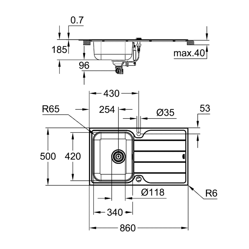 GROHE 31573SD1 - Komplet sæt med K500 køkkenvask med afdrypningsplade og køkkenarmatur A 86×50 cm rustfrit stål