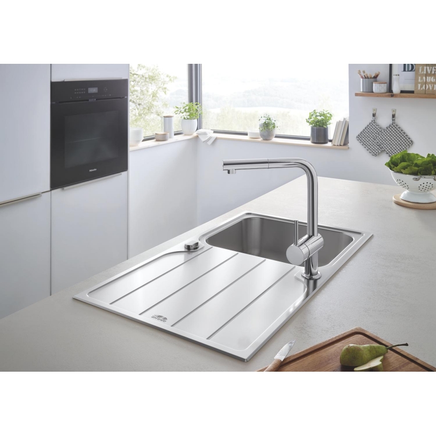GROHE 31573SD1 - Komplet sæt med K500 køkkenvask med afdrypningsplade og køkkenarmatur A 86×50 cm rustfrit stål