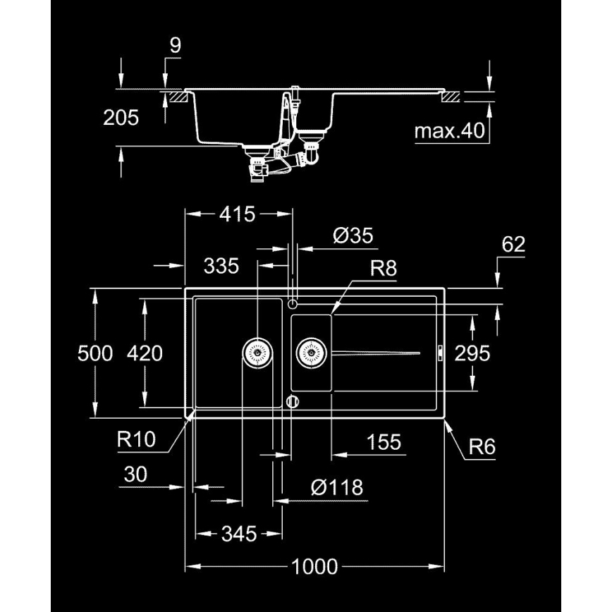 GROHE 31642AP0 - Vask K400 1000 × 500 mm granit/sort