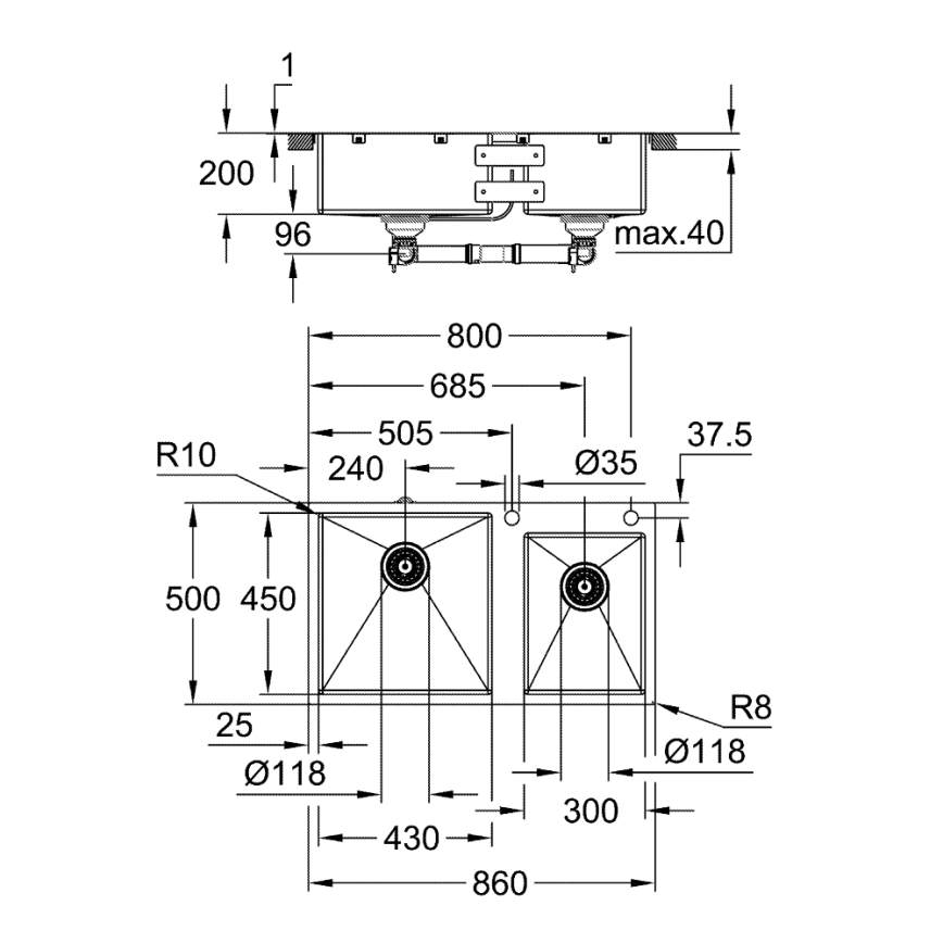 GROHE 31855SD0 - K700 køkkenvask 860 × 500 mm i rustfrit stål