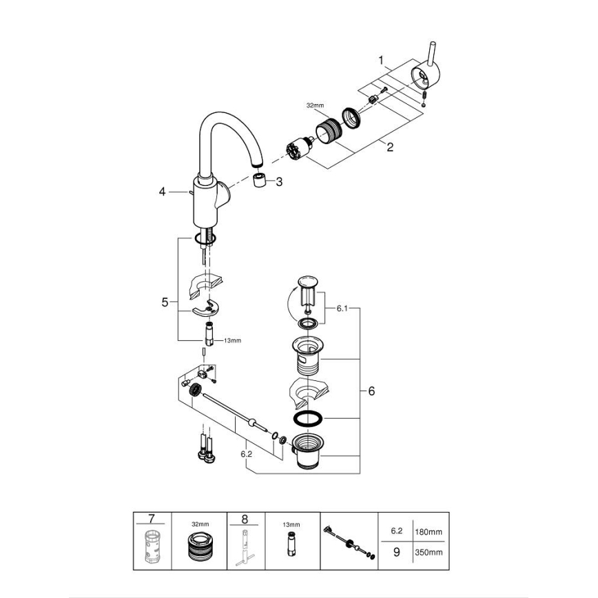 GROHE 32629002 - Håndvaskarmatur CONCETTO, størrelse L, blank krom