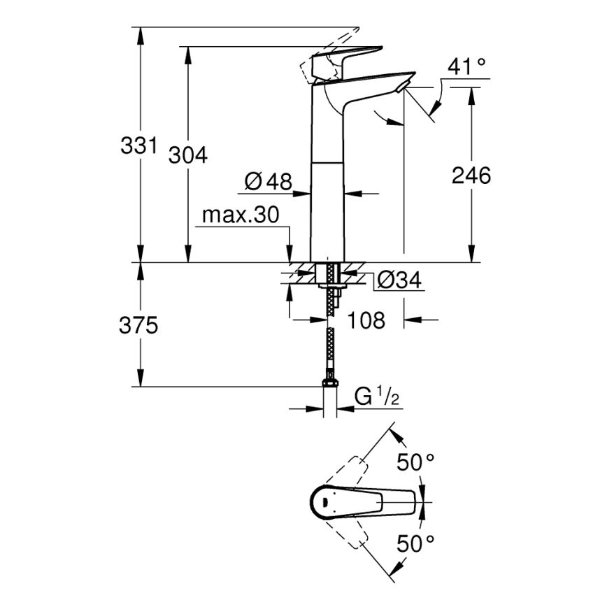 GROHE 32860001 - Håndvaskarmatur BAUEDGE 304 mm, blank krom