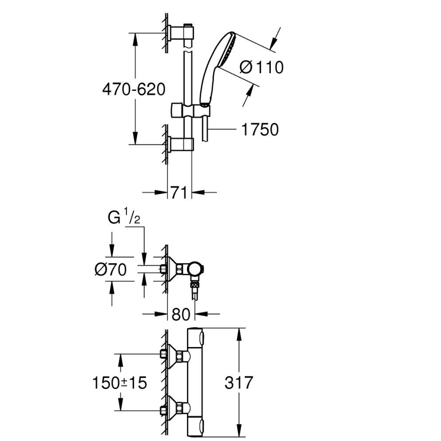 GROHE 34800001 - Brusesæt med termostatisk brusearmatur PRECISION FLOW 600 mm, poleret krom