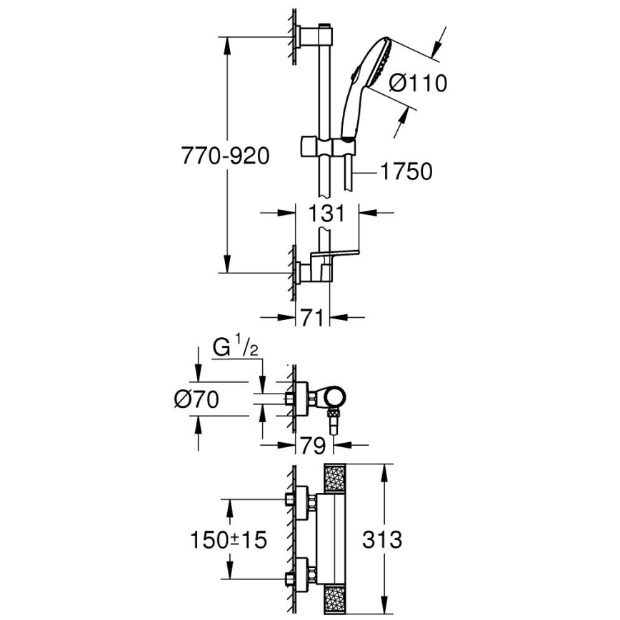 GROHE 34853001 - termostatisk brusebatteri PRECISION FEEL + 90 cm brusesæt, forkromet