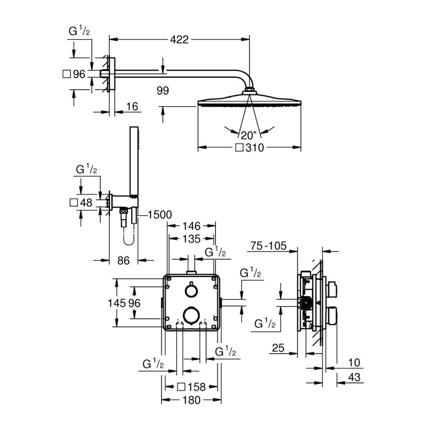 GROHE 34881000 - Indbygget brusesystem PRECISION 310 × 310 mm, blank krom