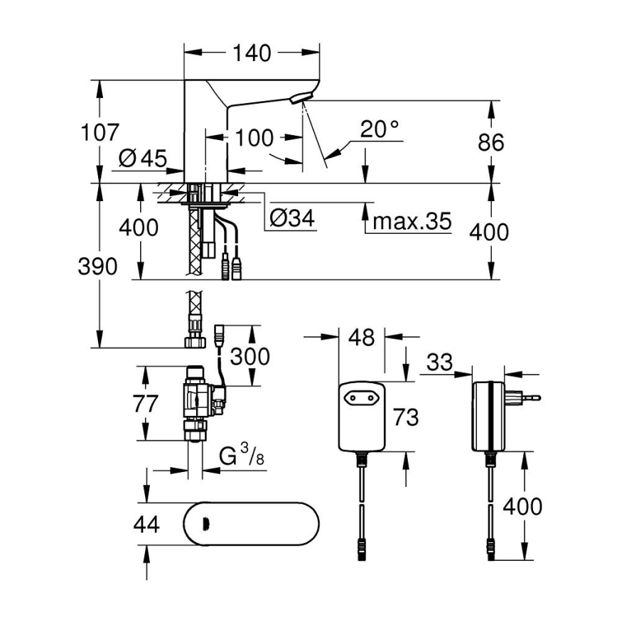 GROHE 36269000 - Elektronisk håndvaskarmatur EUROECO COSMOPOLITAN E 107 mm krom