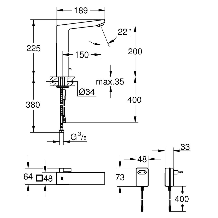 GROHE 36440000 - Infrarød elektronisk håndvaskarmatur EUROCUBE E DN 15 krom