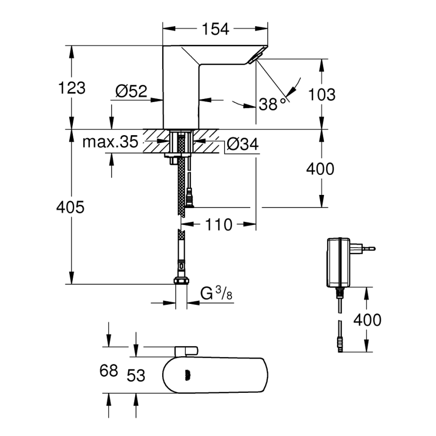 GROHE 36453000 - Infrarød elektronisk håndvaskarmatur BAU COSMOPOLITAN E 123 mm krom