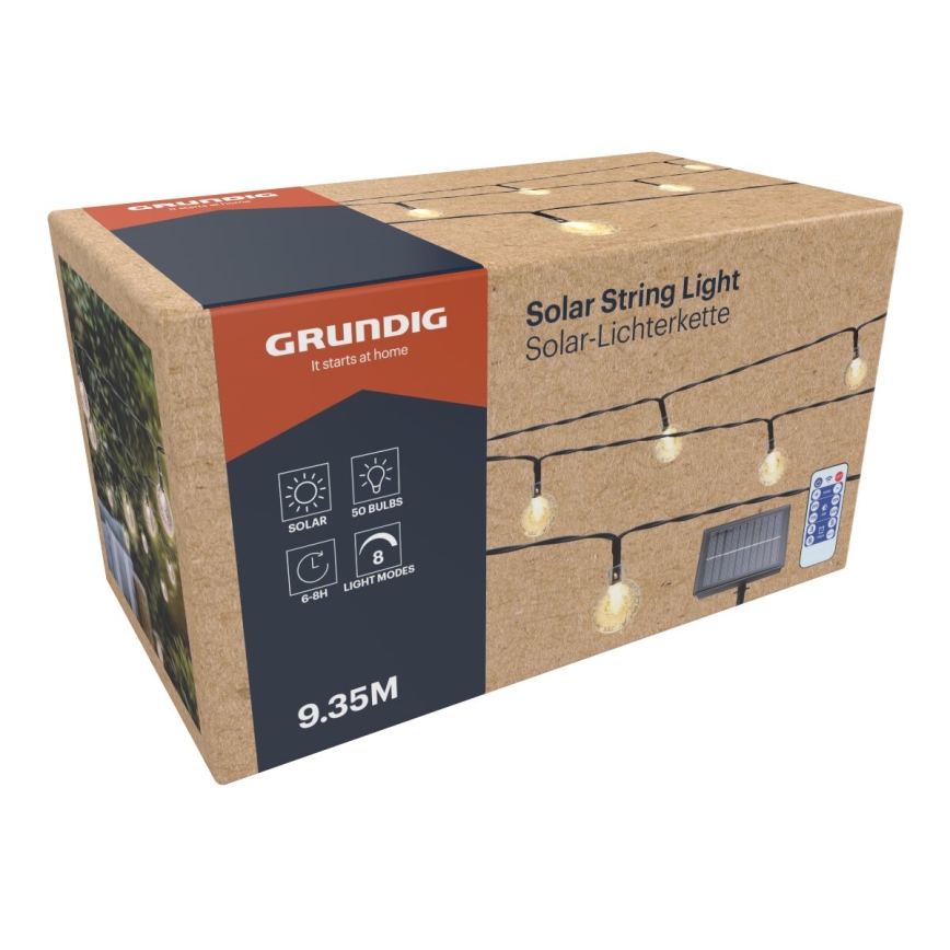 Grundig - LED Dæmpbar soldrevet kæde 50xLED/8 funktioner 9,35 m IP44 varm hvid + fjernbetjening