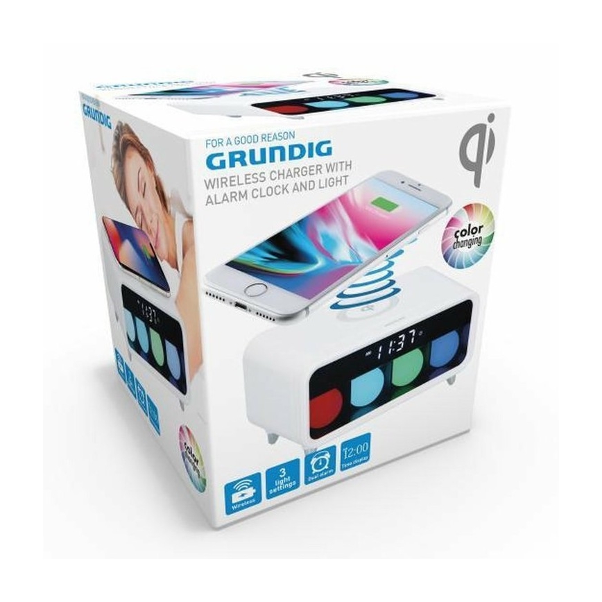 Grundig - LED natlampe m. vækkeur og trådløs opladning dæmpbar LED/5W/230V